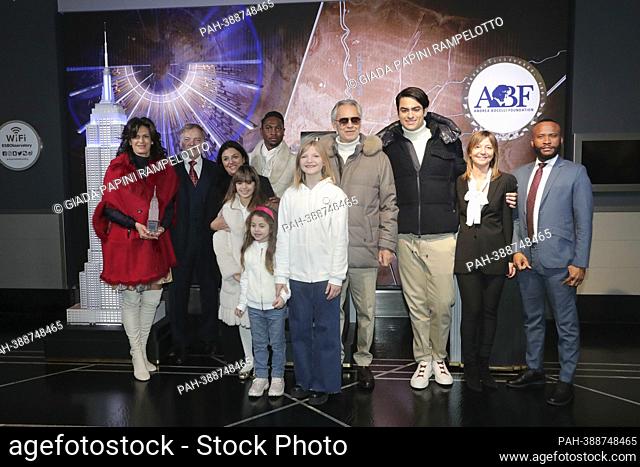 Empire State Building, New York, USA, December 12 , 2022 - Andrea Bocelli, with wife Veronica Berti Bocelli and Children Matteo Bocelli, Virginia Bocelli