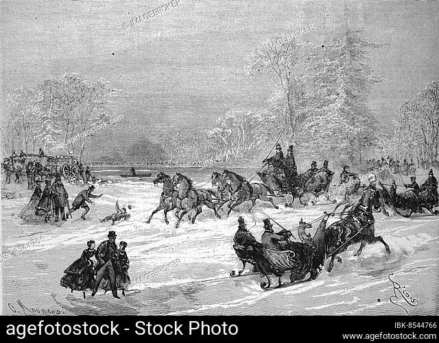 Sleigh Rides in Bois de Boulogne, Horse-drawn Sleighs and Skaters on the Frozen River, 1869, France, Historic, digitally restored reproduction of a 19th century...