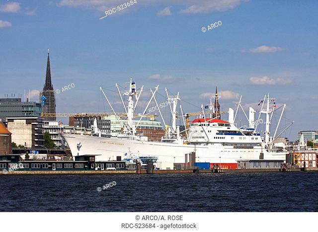 Overseas bridge with museum ship Cap San Diego, Hanseatic City of Hamburg, Germany, Europe