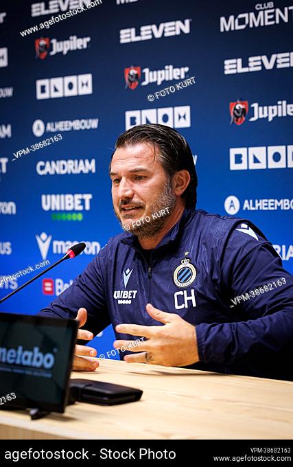 Club's head coach Carl Hoefkens pictured during the weekly press conference of Belgian soccer team Club Brugge KV, Friday 12 August 2022 in Knokke-Heist
