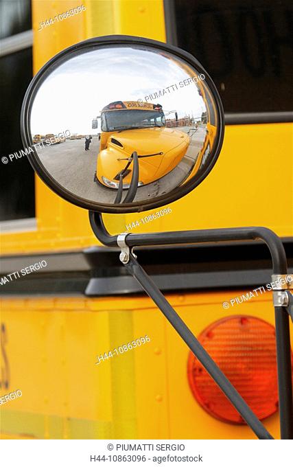 USA, United States of America, Yellow, school bus, transport, children and adolescents, safety device, convex mirror, detail, traffic