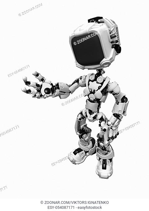 Small 3d robotic figure, over white, isolated