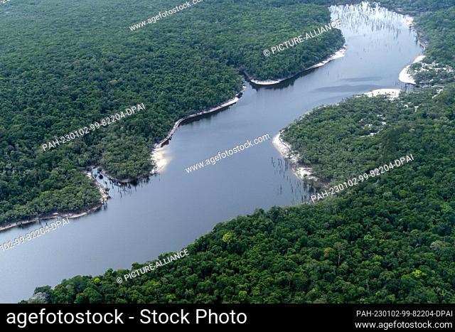02 January 2023, Brazil, Manaus: An expanse of water can be seen in the rainforest from a seaplane. The Federal President informs himself in the tropical forest...
