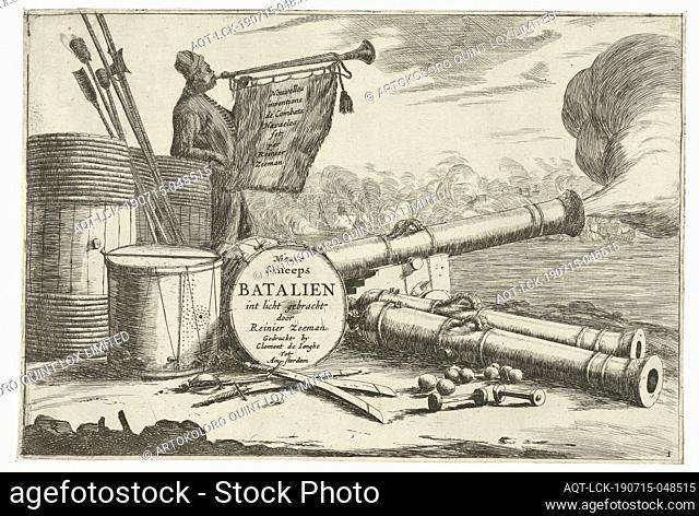 Title page with the equipment of a warship and a trumpet player Nouvelles inventions de Combats Navaeles by Reinier Zeeman (title on object) Scheeps Batalien...