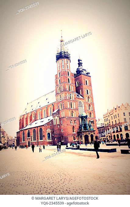 The Main Market Square and St Mary's Church in Krakow, Poland