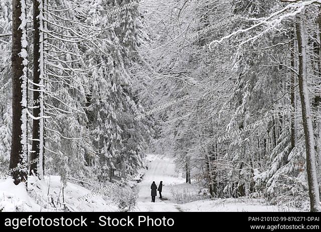 02 January 2021, Hessen, Kiedrich: Walkers walk through a white winter landscape near Kiedrich. In the coming days, temperatures will drop well below freezing...