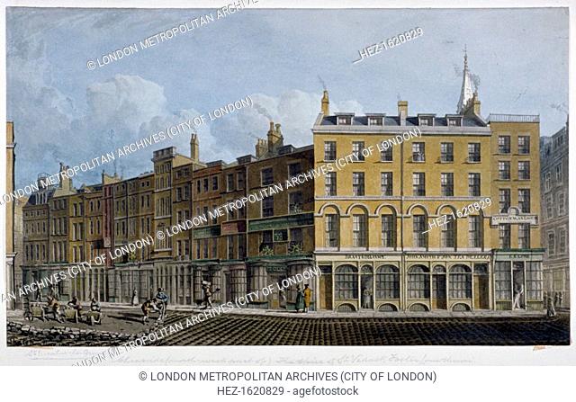 Cheapside, City of London, 1818. View of the north-west part of Cheapside showing shop fronts which include John Smith & Son Tea Dealers and ES Lobb's Cotton...