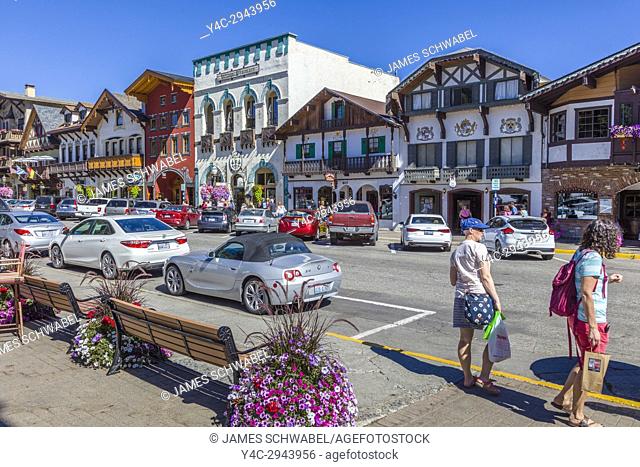 Front Street in Leavenworth a Bavarian-styled village in the Cascade Mountains in central Washington State in Chelan County, Washington, United States