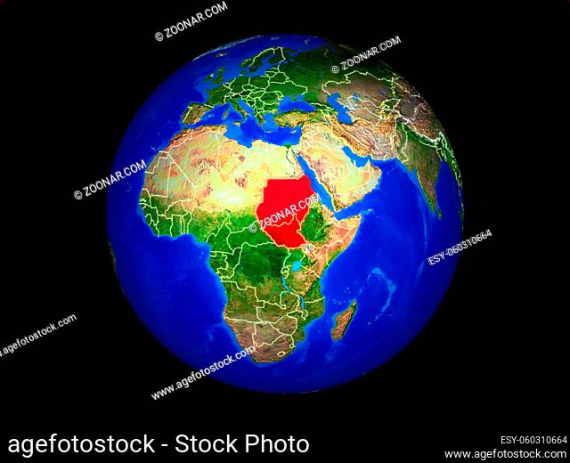 Former Sudan on planet planet Earth with country borders. Extremely detailed planet surface. 3D illustration. Elements of this image furnished by NASA