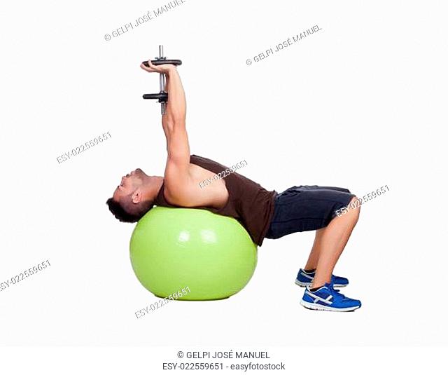 Strong man practicing exercises with dumbbells sit on a ball