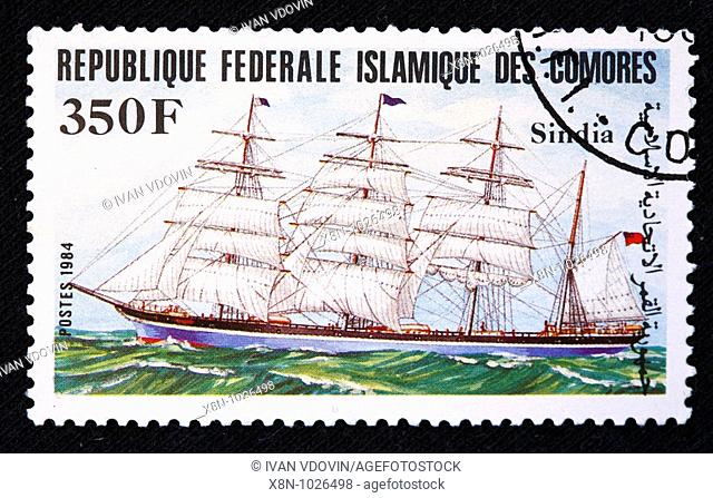 Sail ship Sindia, postage stamp, Comoros, 1984