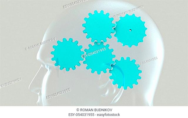 Spinning gears inside a human head. 3d rendering of the thought process. Computer created background