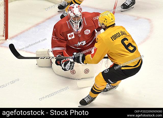 L-R Marek Mazanec (Trinec) and Mans Forsfjall (Skelleftea) in action during the Champions Hockey League, Group H, match HC Ocelari Trinec vs Skelleftea AIK