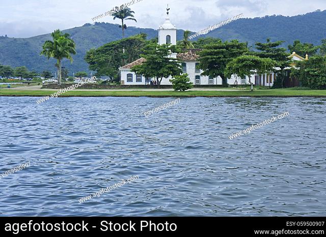Paraty, Old city street view with a Colonial church, Brazil, South America