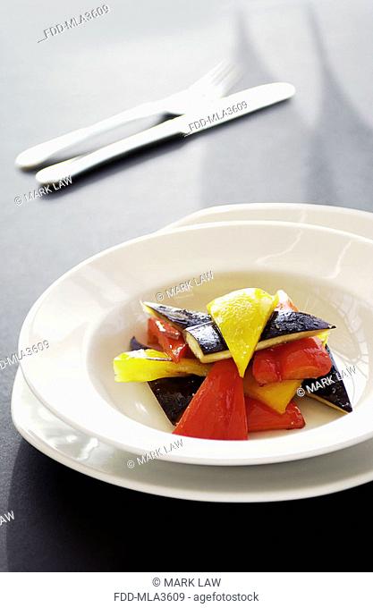 Bowl of diced peppers and aubergine