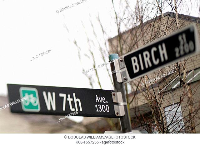 Street sign in Vancouver at 7 Ave and Birch Street, British Columbia, Canada