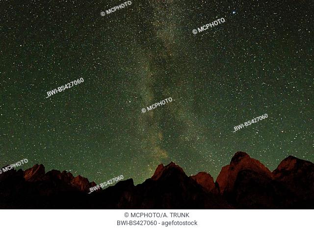 Milky Way in night sky, starry night above mountain crest Gosaukamm, Austria, Upper Austria