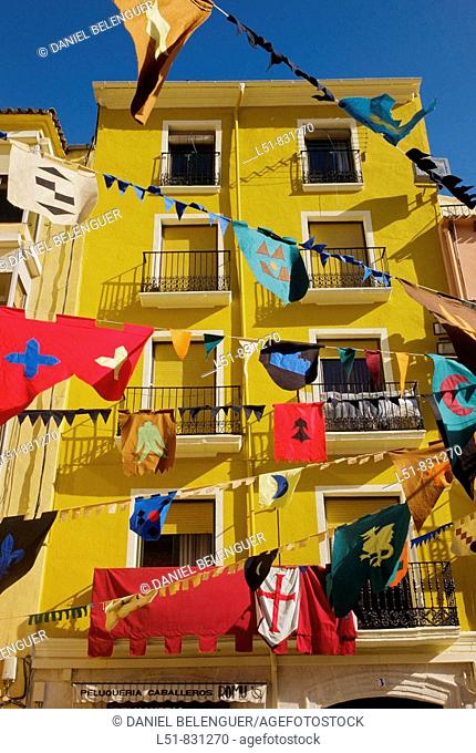 building and flags in Cocentaina during Feria de Tots els Sants, Cocentaina, Alicante, Comunidad Valenciana, Spain, Europe