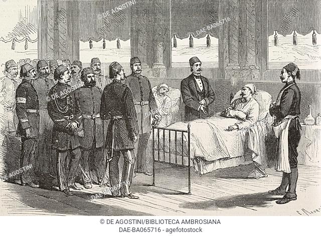 The Sultan visiting injured soldiers in the Ciragan palace, Istanbul, Turkey, Russian-Turkish war, illustration from L'Illustration, Journal Universel, No 1808