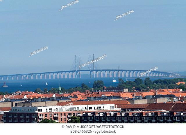 distant view of The Oresund bridge between Copenhagen and southern Sweden, Copenhagen, Denmark