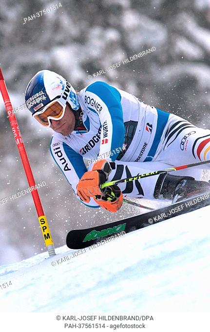Germany's Fritz Dopfer speeds down the slope during the first run of the Men's Giant Slalom race at the Alpine Skiing World Cup in Garmisch-Partenkirchen