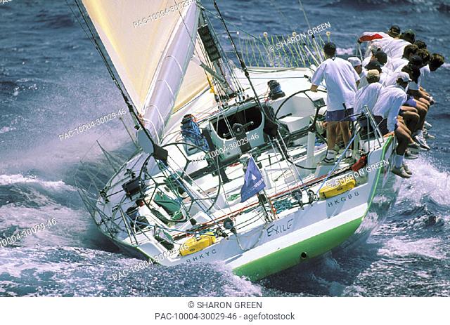 Hawaii, Kenwood Cup '96, stern of Exile, crew sit along rail