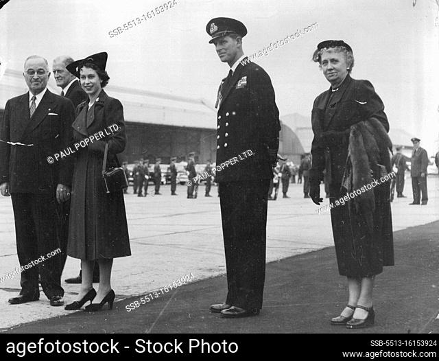 Royal Tourists In Washington -- Princess Elizabeth and the Duke of Edinburgh with President and Mrs. Truman on their arrival at the Washington airport