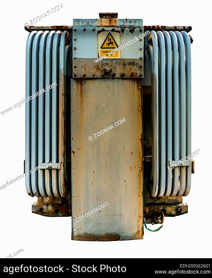 Isolated Grungy Electricity Grid Distribution Transformer With Cooling Ribs On A White Background