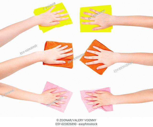 set of hands with various rags isolated on white