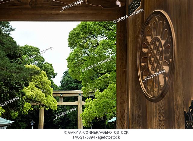 Carved wood doorway at Meiji Shrine in Tokyo, Japan