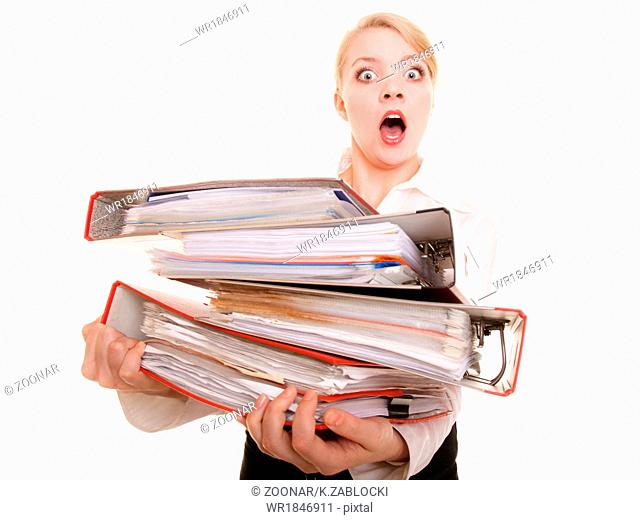 Business woman holding stack of folders documents