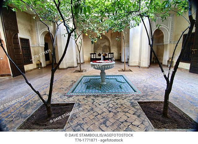 inner courtyard of a restored riad merchant's home in Marrakech, Morocco