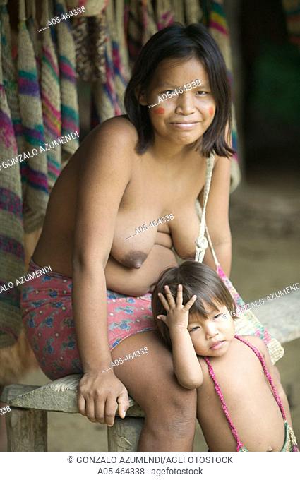 Indigenous mother and child. Yaguas Community. Amazonas. Peru
