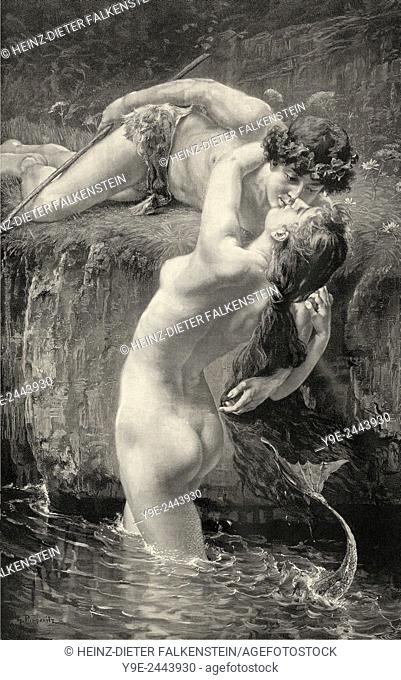 mermaid loving a human man, c. 1895, by Papperitz