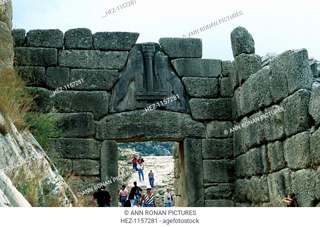 Lion Gate, Mycenae, Greece, c1250 BC. Mycenae was a prehistoric Greek city discovered by the German archaeologist Heinrich Schliemann (1822-1890) in the 1870s