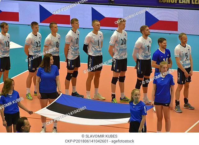 Team of Estonia pose before the Men's European Volleyball League final Czech Republic vs Estonia in Karlovy Vary, Czech Republic, June 14, 2018