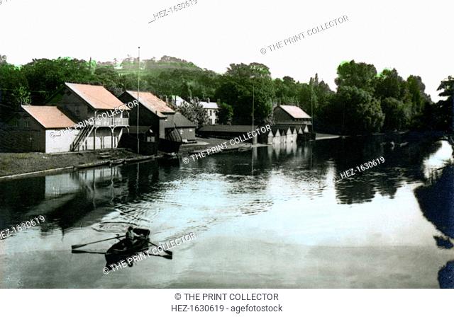River and boathouse, Burton-upon-Trent, 1926. From the River Valleys set of hand-coloured cigarette cards issued with Army Club Cigarettes, Cavanders Ltd, 1926