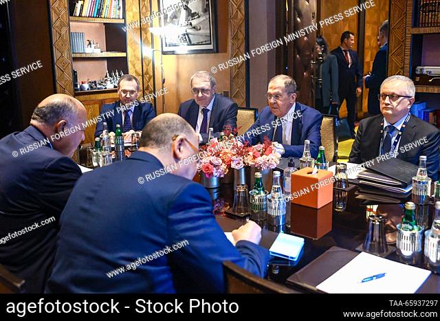 MOROCCO, MARRAKECH - DECEMBER 20, 2023: Russia's Foreign Minister Sergei Lavrov (2nd R back) and his Egyptian counterpart Sameh Shoukry (L front) attend a...