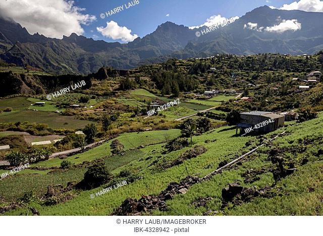 Caldera Cirque de Cilaos, fields in Cilaos, UNESCO World Heritage Site, behind the Cilaos, La Reunion