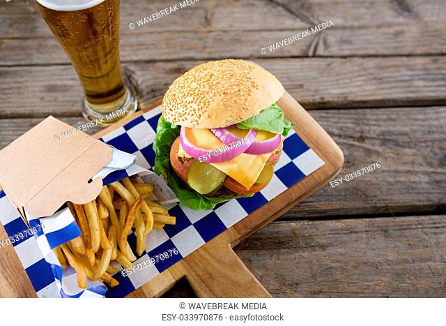 High angle view meal served with beer