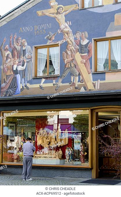 Woodcarving, shop in Oberammergau, in Bavaria, Germany. The town is famous for its production of a Passion Play, its woodcarvers