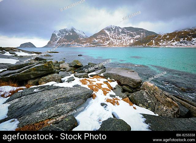 Rocky coast of fjord of Norwegian sea in winter with snow. Haukland beach, Lofoten islands, Norway, Europe