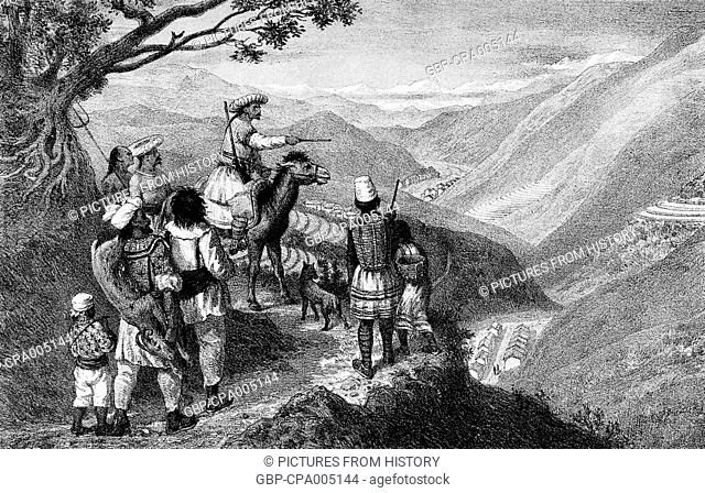 China: A Chinese chieftain on horseback asks local peasants about the route from Zhaotong to Ta-kouan, illustrated by French expeditioner Louis Delaporte in...