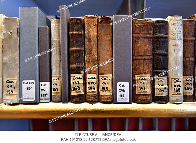 12 December 2019, Thuringia, Weimar: Books stand on a shelf in the rococo hall of the Duchess Anna Amalia Library. The Klassik Stiftung Weimar received almost...
