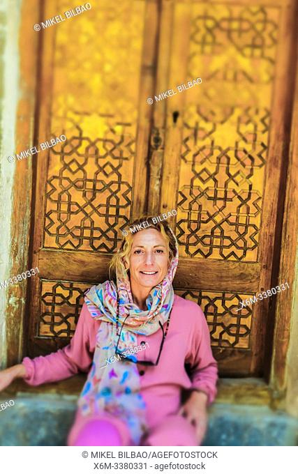 Woman in Shah Mosque. Naghsh-e Jahan Square. Isfahan, Iran. Asia
