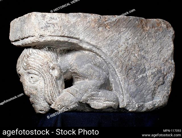 Corbel with Crouching Woman Clutching her Long Hair. Date: 12th century; Geography: Made in Burgundy, France; Culture: French; Medium: Limestone; Dimensions:...