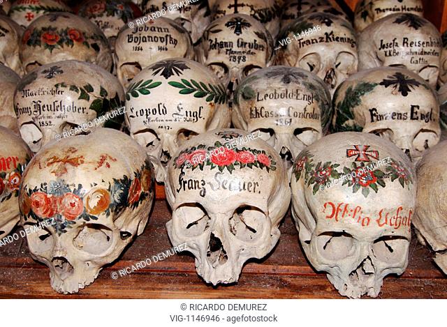 Painted skulls in the ossuary of Hallstatt - Hallstatt, Hallstatt, AUSTRIA, 24/07/2007