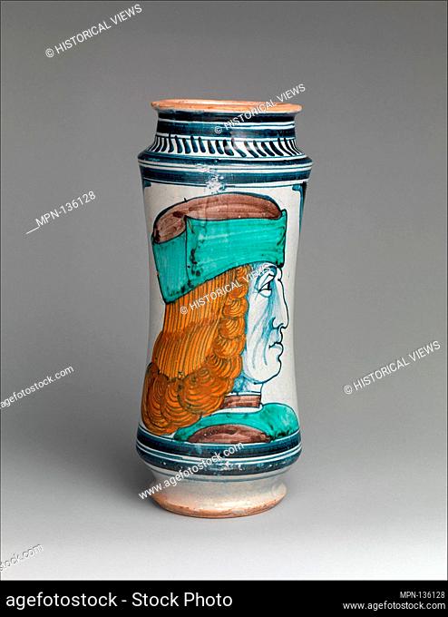 Pharmacy jar (albarello). Date: ca. 1475-1500; Culture: Italian, probably Naples or environs; Medium: Maiolica (tin-glazed earthenware); Dimensions: Overall...