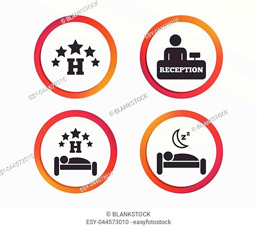 Five stars hotel icons. Travel rest place symbols. Human sleep in bed sign. Hotel check-in registration or reception. Infographic design buttons