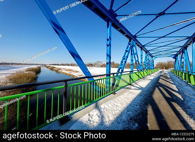 Dorsten, North Rhine-Westphalia, Germany - Sunny winter landscape in the Ruhr area, ice and snow on the Lippe